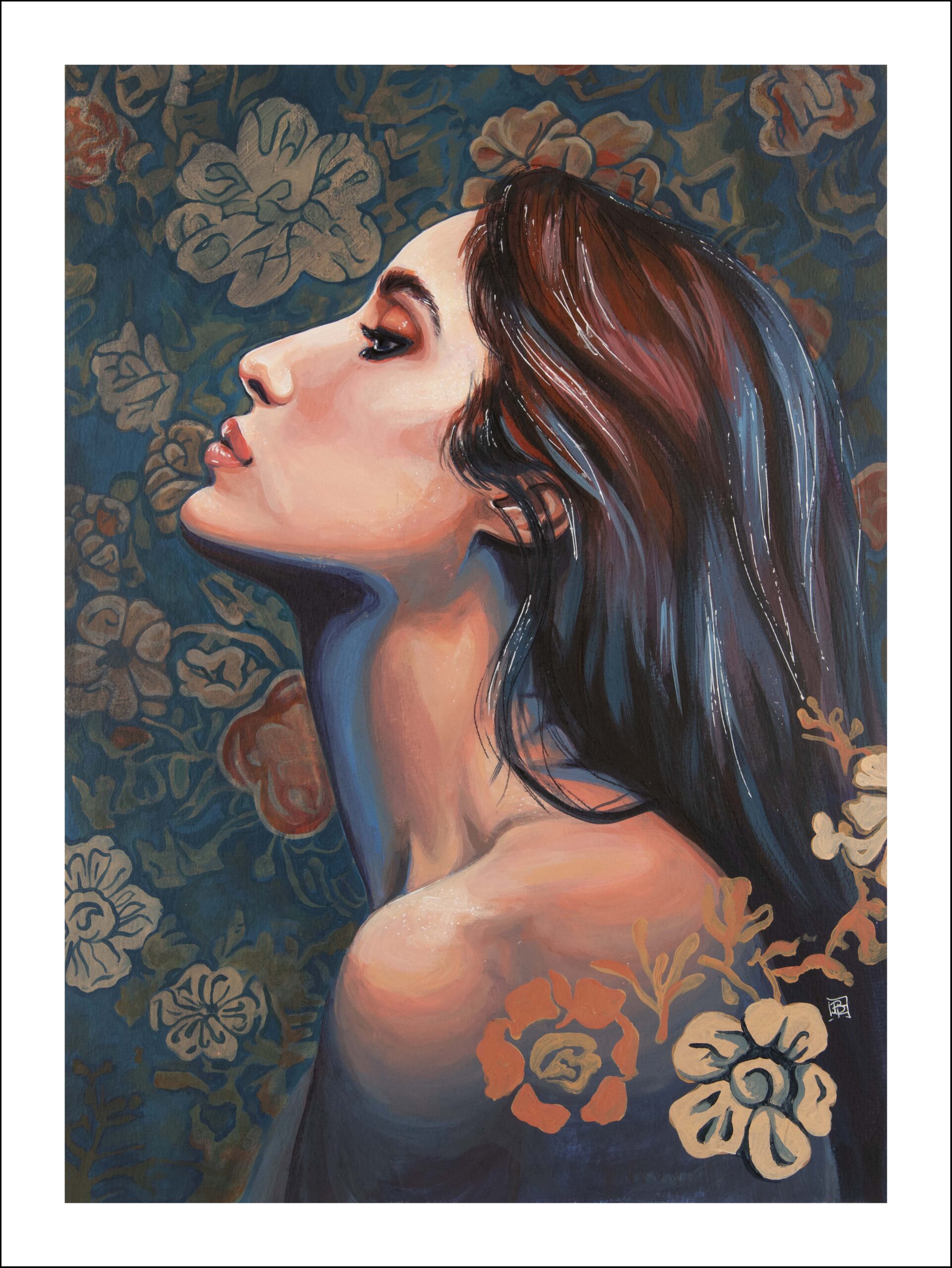 French - Woman on Faded Floral Blue - Acrylic