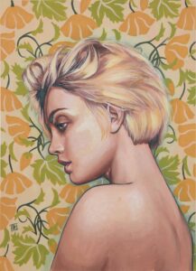 French - Woman on Gold and Green Florals - Acrylic paint