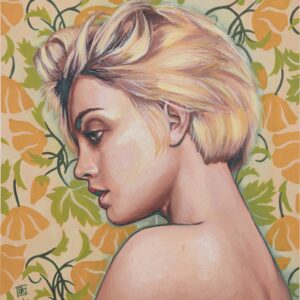 French - Woman on Gold and Green Florals - Acrylic paint